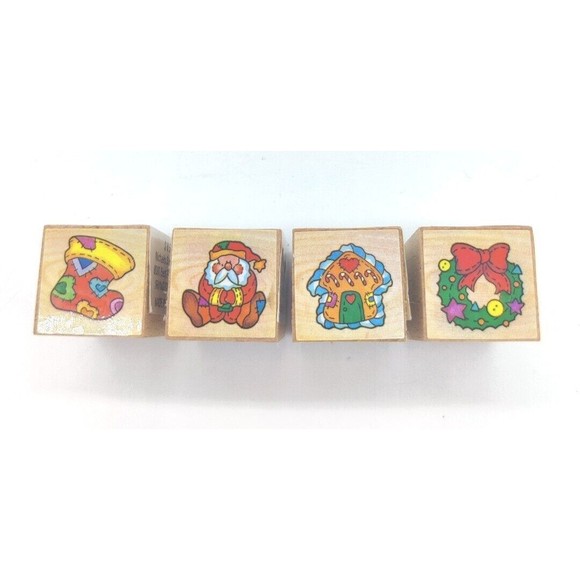 4 Rubber Stamps Christmas Stocking Santa Gingerbread House Wreath Holiday Crafts - Picture 1 of 9